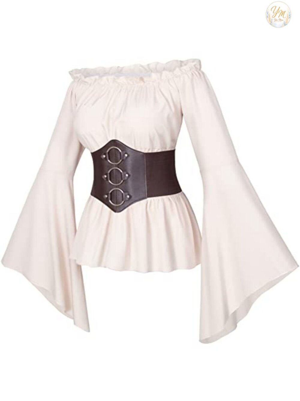 Womens Victorian Peasant Blouse Top with Faux Leather Corset Belt Set